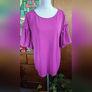 Ann Taylor Women's Tunic Top Pullover Fuchsia Ruffle Sleeve Sz L
